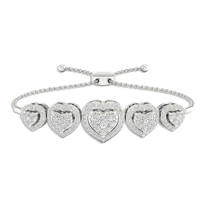 Multi-Diamond Five Heart Bolo Bracelet 1/2 ct tw Round-cut 10K White Gold