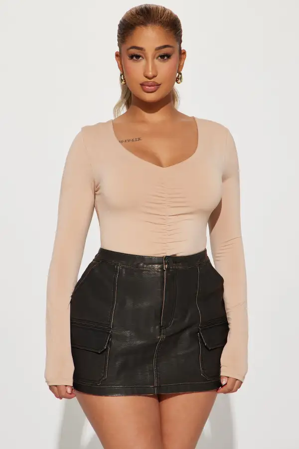 Dinner Plans Ruched Bodysuit - Taupe