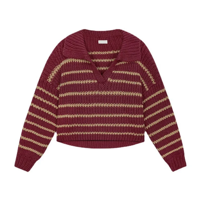 V Neck Striped Lapel Knitted Sweater