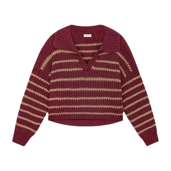 V Neck Striped Lapel Knitted Sweater