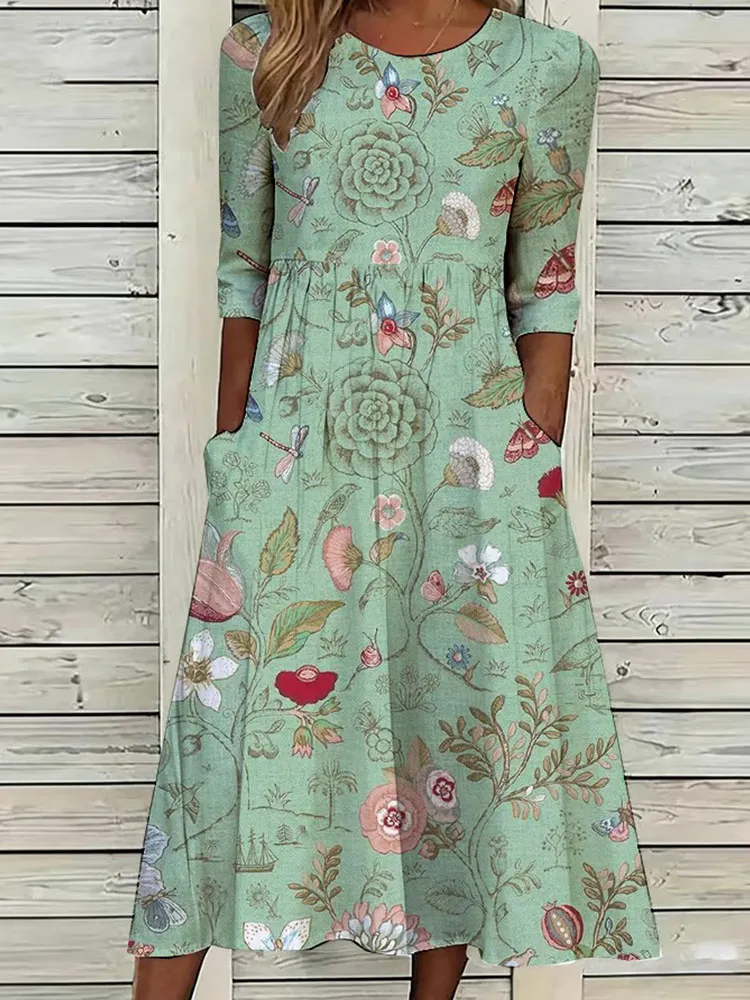 Women'S Retro Floral Art Printed Casual Dress
