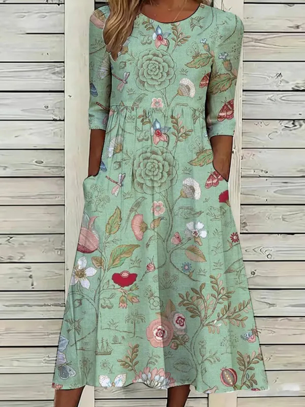 Women'S Retro Floral Art Printed Casual Dress