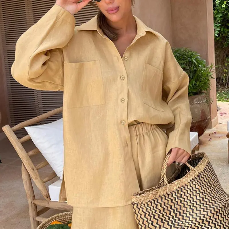 Cotton Patchwork Long Sleeve Shirt & Shorts Set