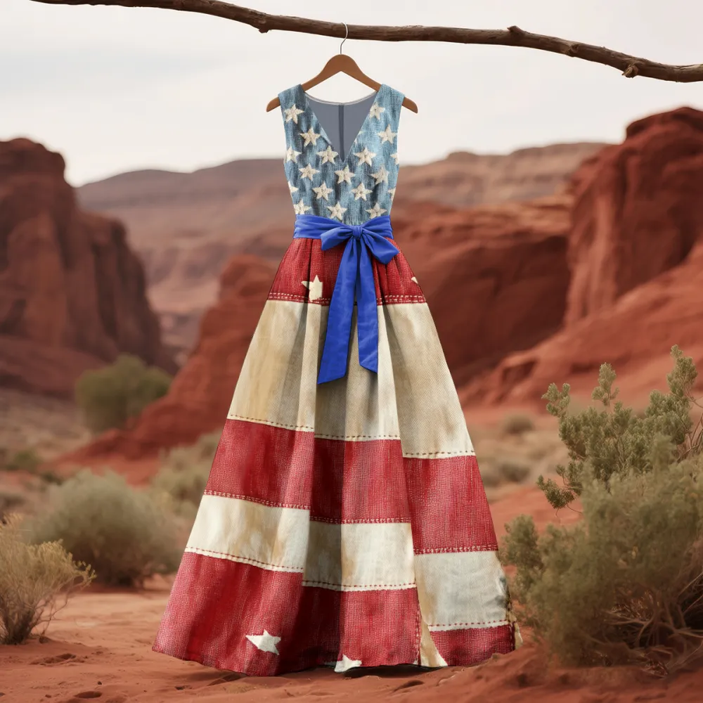 Women's Vintage Independence Day Flag Print Sleeveless Dress