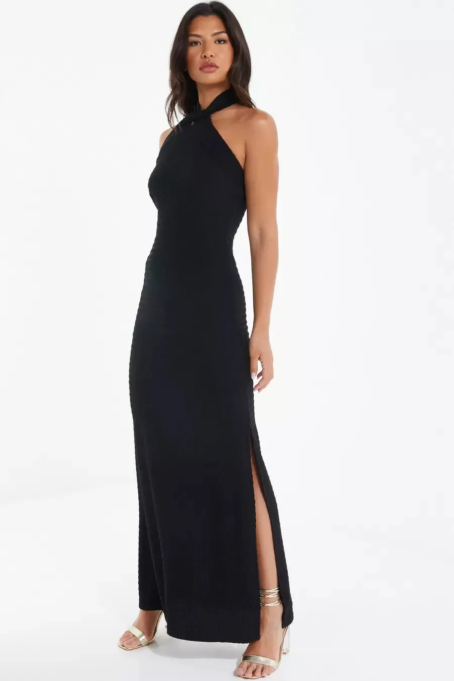 Black Halterneck Textured Maxi Dress