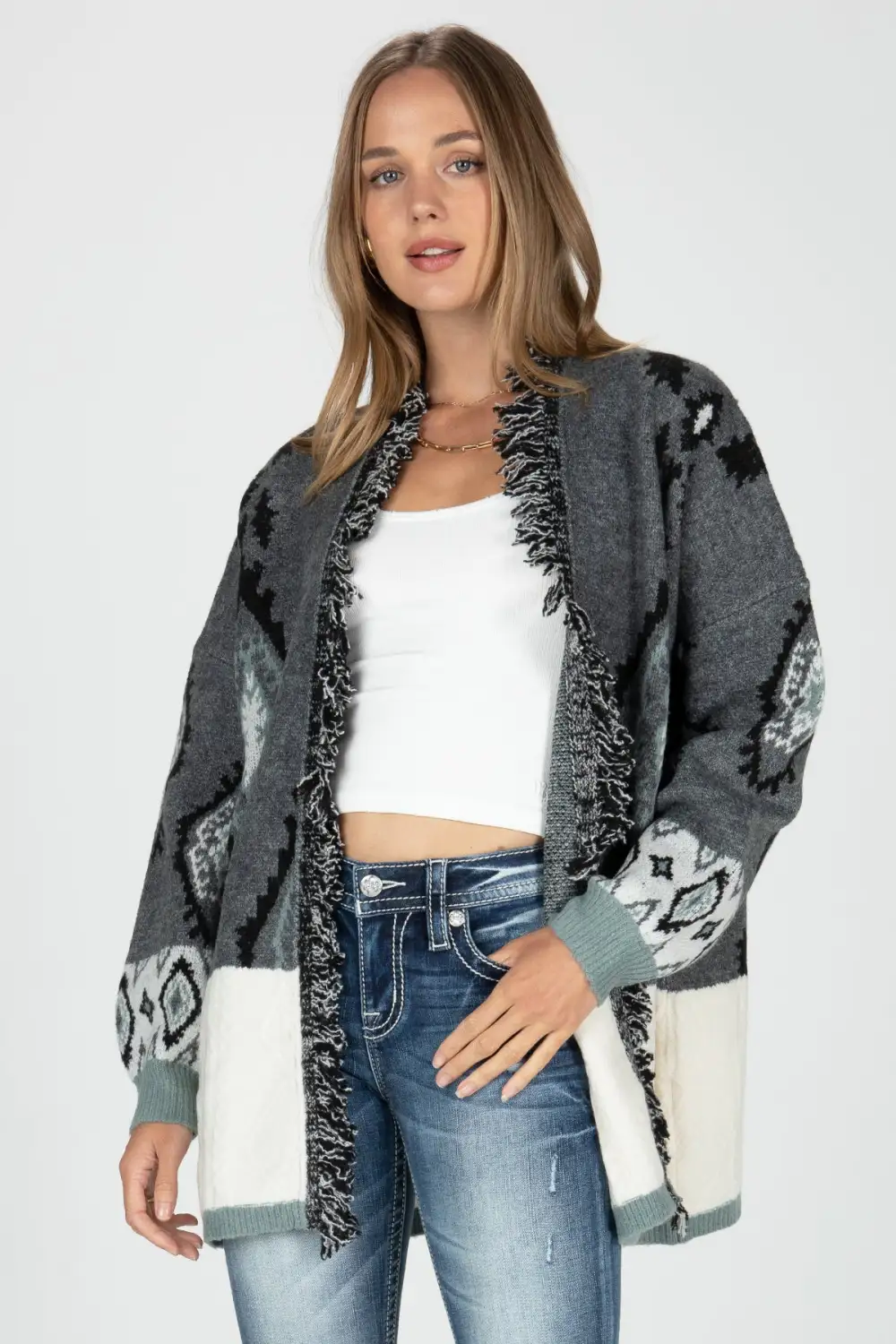 Sweater Block Open Front Aztec Cardigan