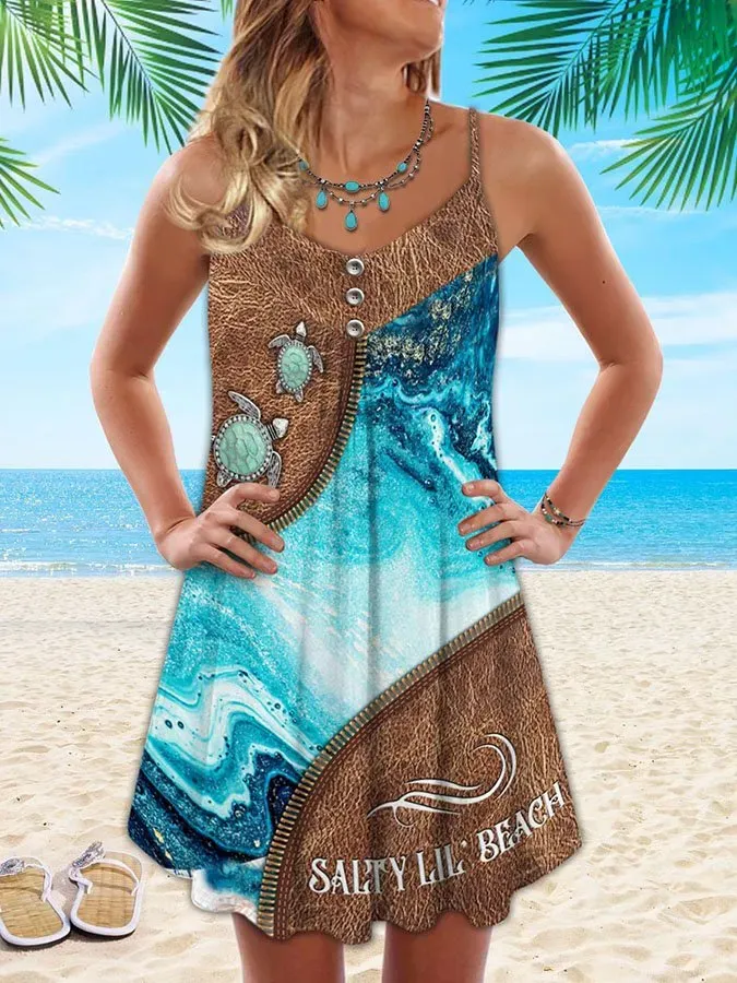 Sea Turtle Zipper Print Spaghetti Strap Dress