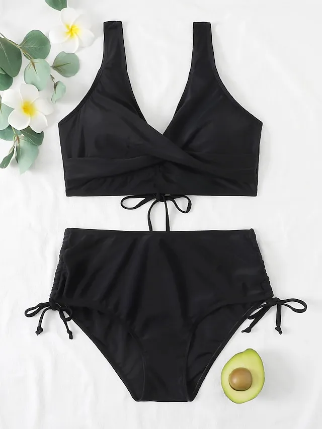 Women's Swimwear Bikini 2 Piece Normal Swimsuit Pleated 2 Piece High Waist Open Back Sexy Pure Color Black Red Fuchsia Green Padded V Wire Bathing Suits Sexy Vacation Stylish