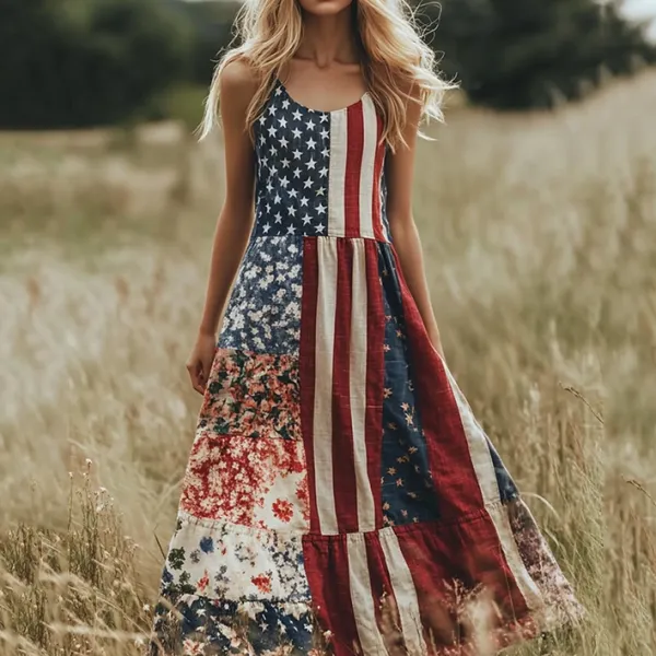 Vintage Independence Day Floral Patchwork Art Linen Tank Dress