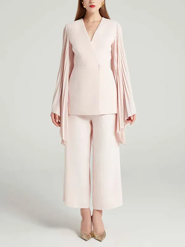 Chiffon pleated sleeve wide leg pants ladies set