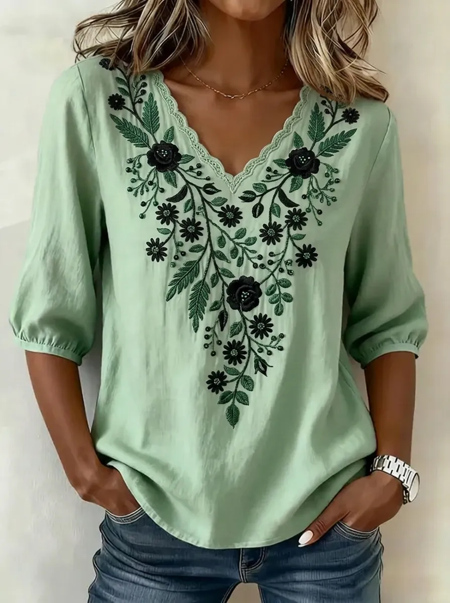 Women's Nashville Floral Embroidered V-Neck Printed Top