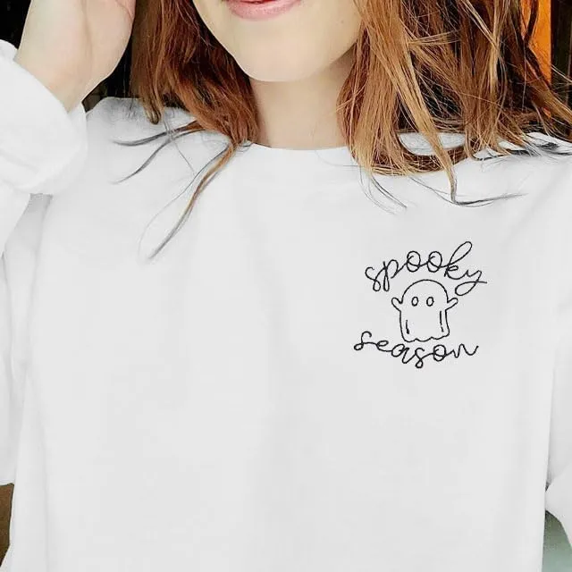 LOTUCY Halloween Sweatshirt Women Cute Spooky Season Sweatshirts Ghost Fall Embroidered Sweater Pullover Top