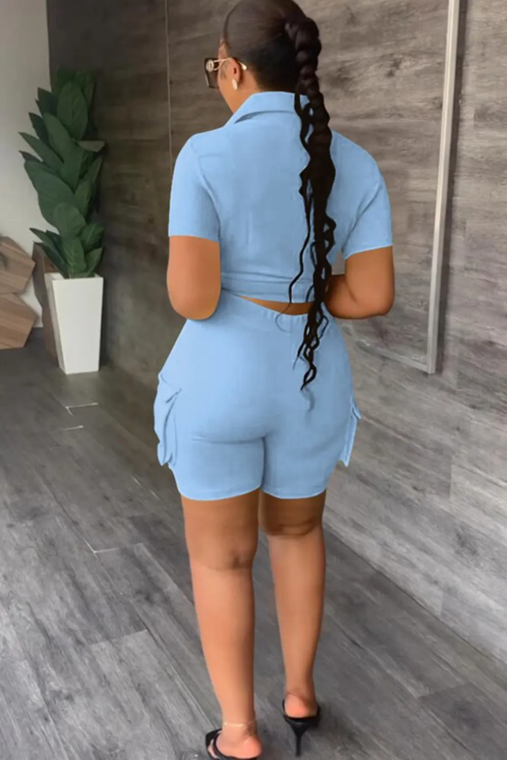 Letter Print Solid Color Blouse With Trendy Cargo Shorts Set
