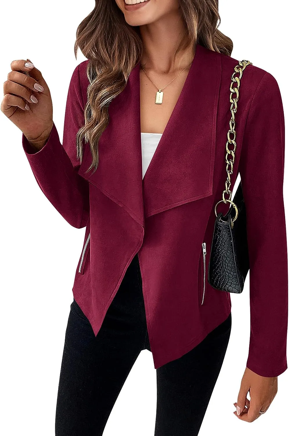 Women's Faux Suede Jackets 2023 Fall Clothes Long Sleeve Open Front Cropped Coat Outwear