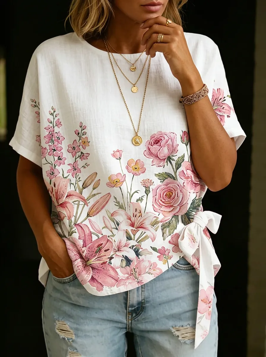 Women's Nashville Floral Lily Rose Printed Tie-Side Top