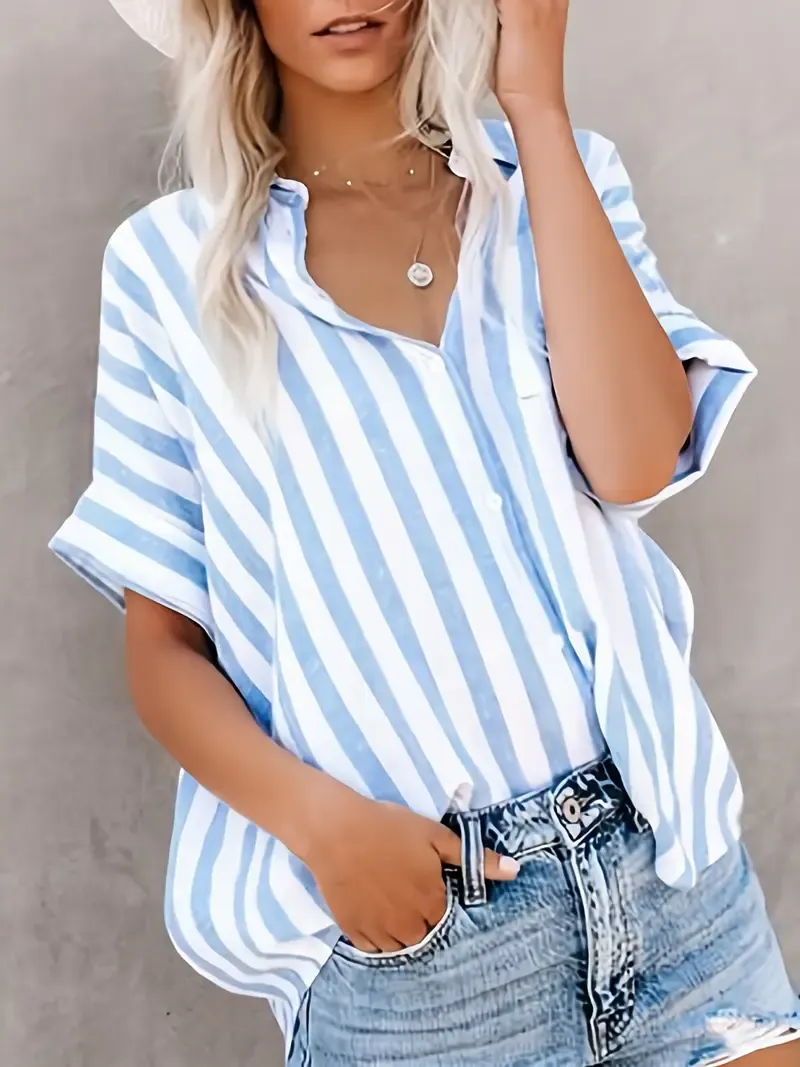 Button Up Striped Shirt, Loose Casual Top For Spring & Summer, Women's Clothing
