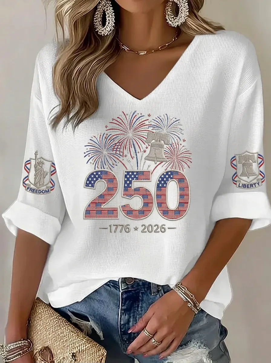 Women's USA 250th Anniversary Fireworks Liberty Bell Printed V-Neck Top