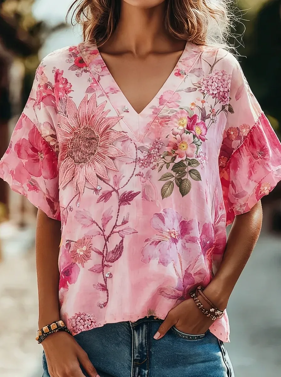 Women's Nashville Floral Sunflower Printed V-Neck Top