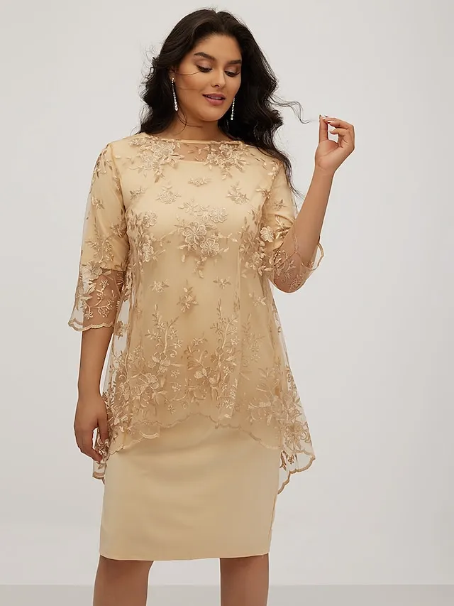 Women‘s Plus Size Party Dress Lace Dress Semi Formal Dress Midi Dress Navy Blue Blue Gold 3/4 Length Sleeve Floral Lace Summer Spring Fall Crew Neck Elegant Party Wedding Guest Dress