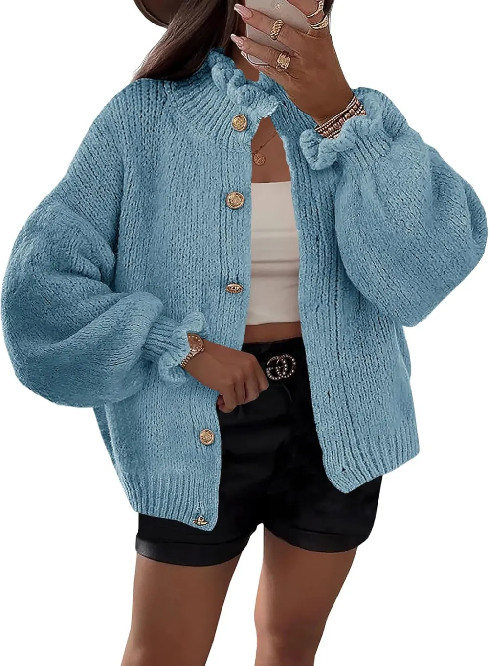 🎄Hot Sale Ruffle Cardigan Oversized Button Up Ribbed Knit Open Front Long Sleeve Loose Sweater