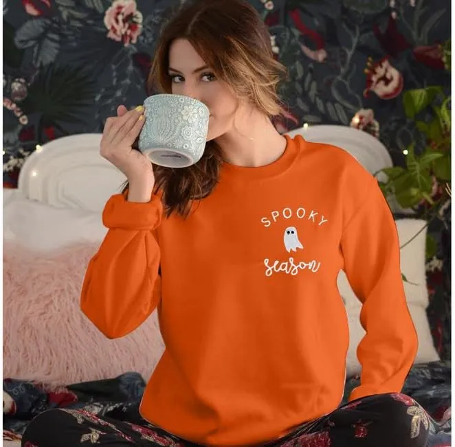 LOTUCY Halloween Sweatshirt Women Cute Spooky Season Sweatshirts Ghost Fall Embroidered Sweater Pullover Top