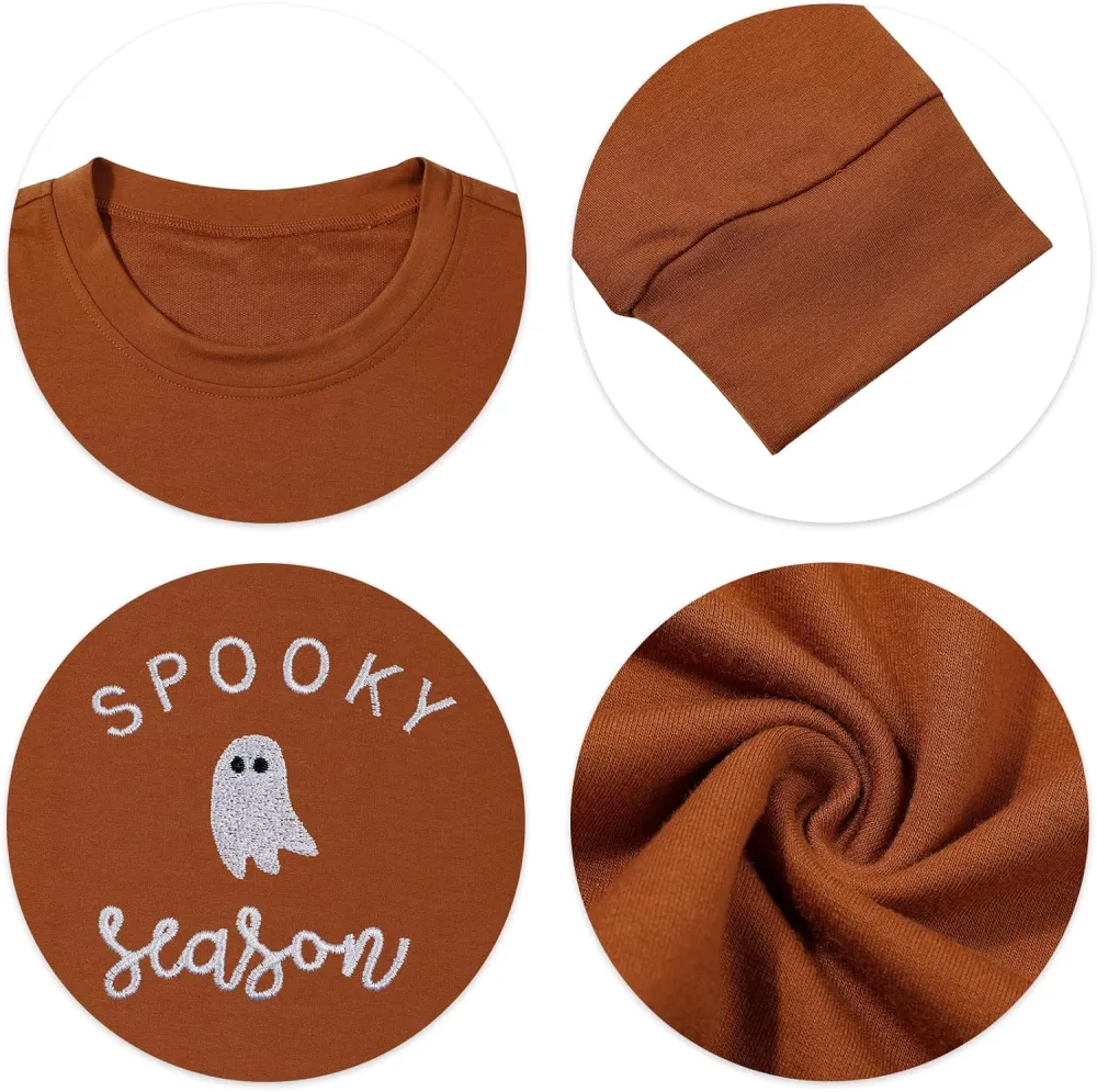 LOTUCY Halloween Sweatshirt Women Cute Spooky Season Sweatshirts Ghost Fall Embroidered Sweater Pullover Top