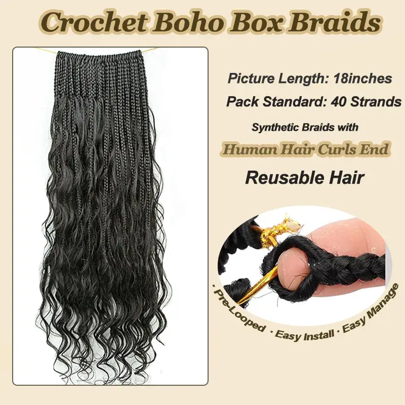 Pre-looped Crochet Human Hair Boho Box Braids Loose Deep Wave Human Hair Curls Ends, Reusable Hair