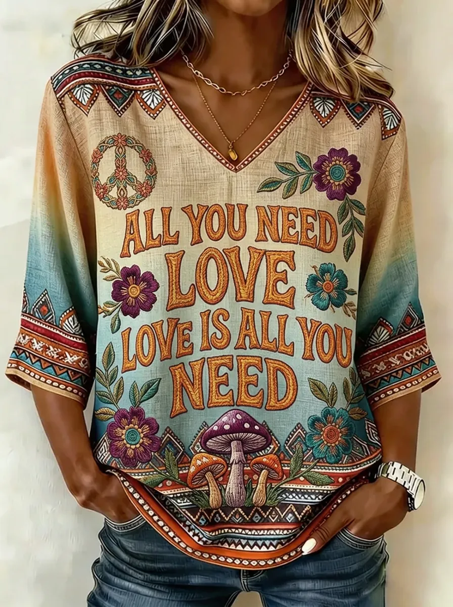 Women's Nashville Hippie Love Mushroom Printed V-neck Top