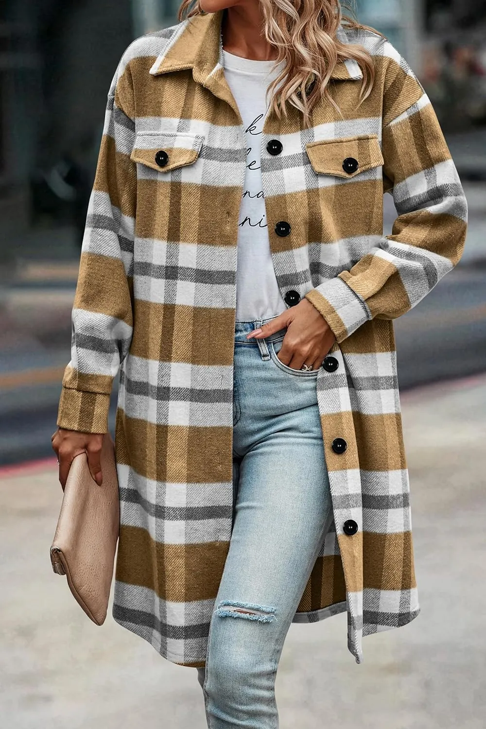 Women's Plaid Shacket 2023 Long Sleeve Button Up Flannel Shirt Winter Tartan Jacket Woolen Coats