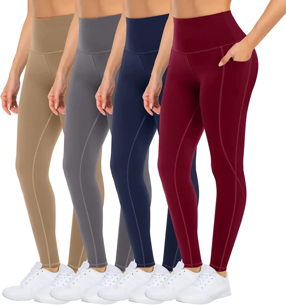 4 Packs Yoga Leggings with Pockets for Women - High Waist Tummy Control Pants for Workout