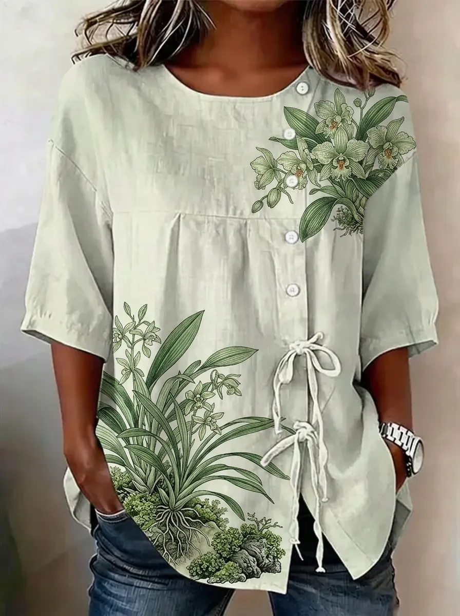Women's Nashville Botanical Orchid Printed Button-Up Linen Shirt