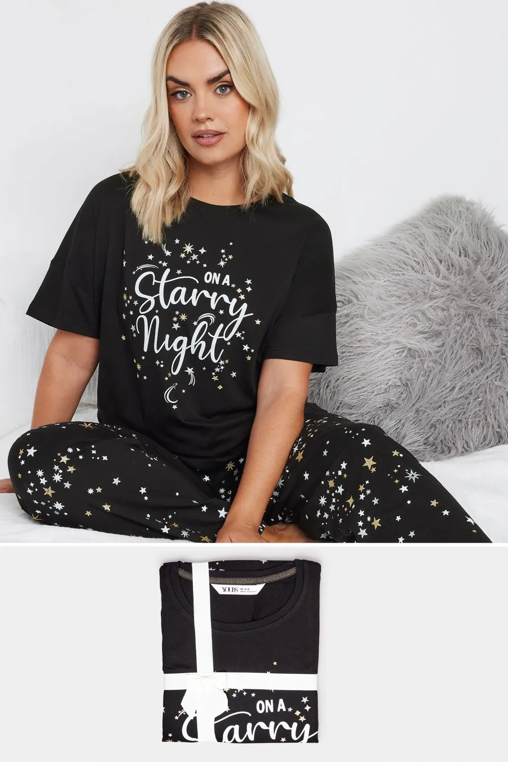YOURS Curve Black 'On A Starry Night' Wide Leg Pyjama Gift Set