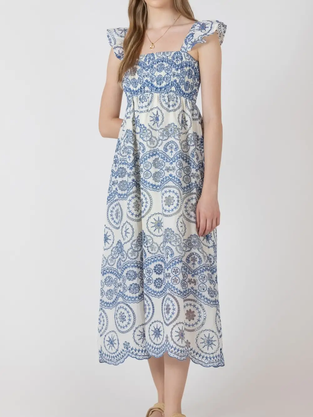 Embroidered Cap Sleeve Midi Dress