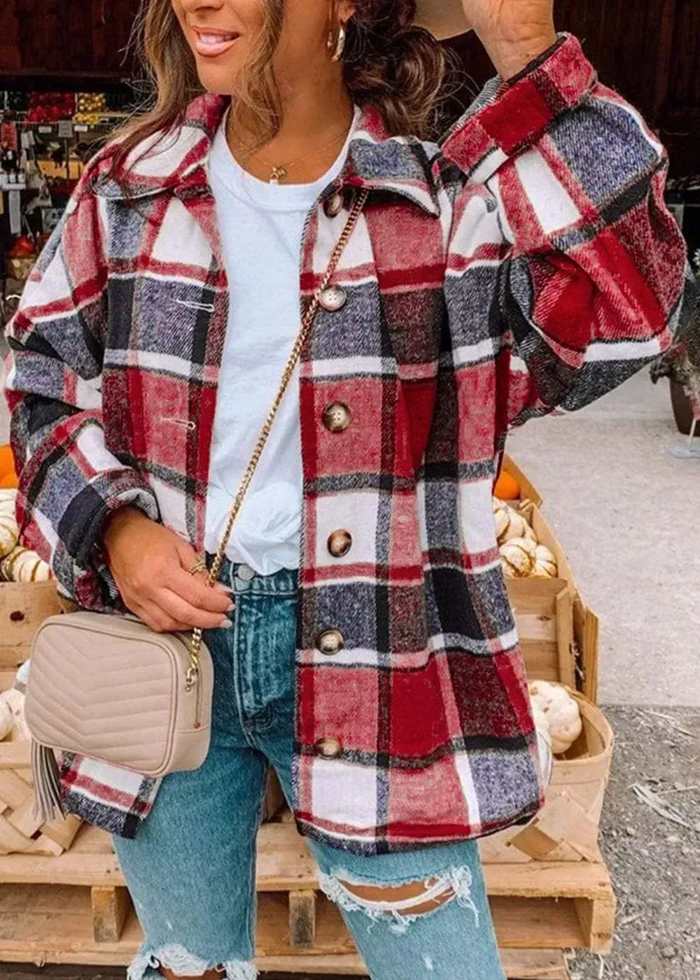 Women's 2023 Fall Clothes Plaid Shacket Jacket Long Sleeve Button Down Flannel Shirts Fashion Blouse