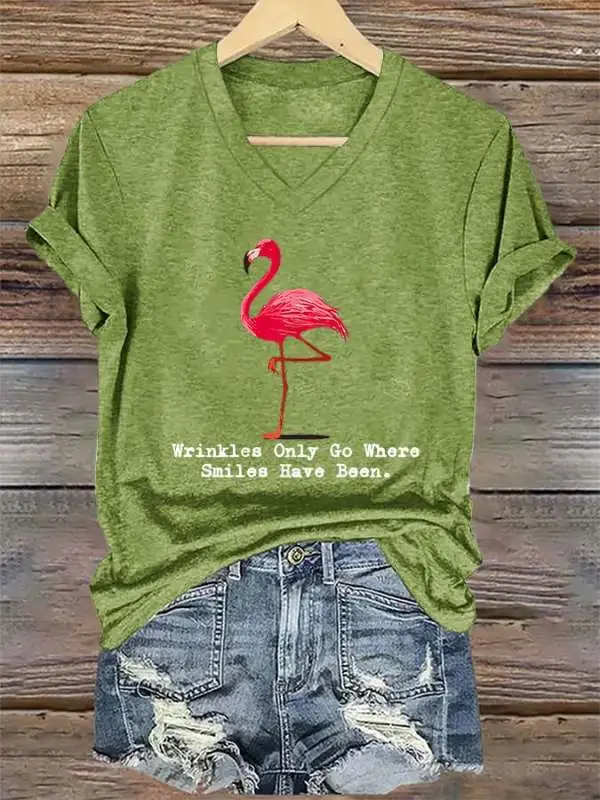 V-Neck Retro Flamingo Wrinkles Only Go Where Smiles Have Been Print T-Shirt