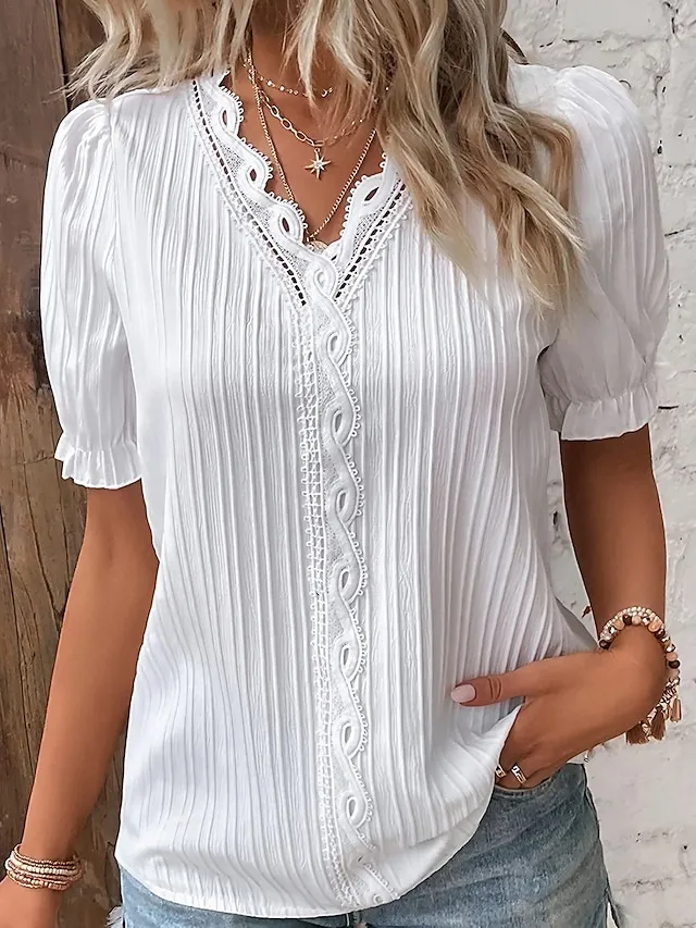 Women's Shirt Lace Shirt Blouse Plain Casual White Sky Blue Lace Short Sleeve Vintage Basic V Neck Regular Fit