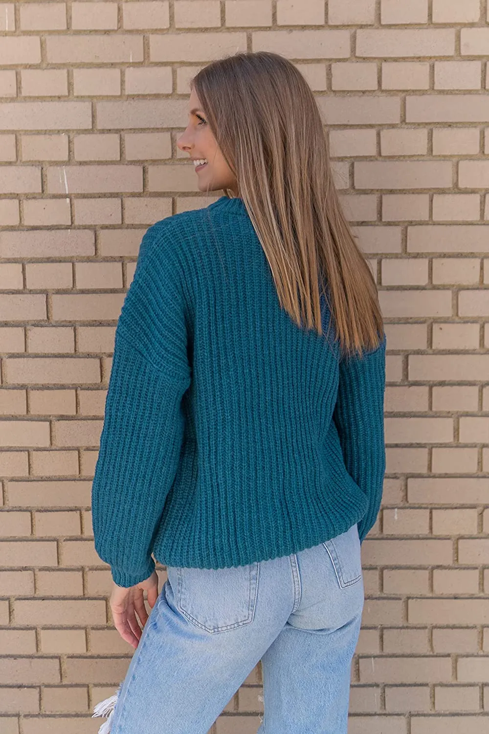 Women's Crew Neck Loose Drop Shoulder Lantern Sleeve Casual Solid Color Knit Pullover Sweater