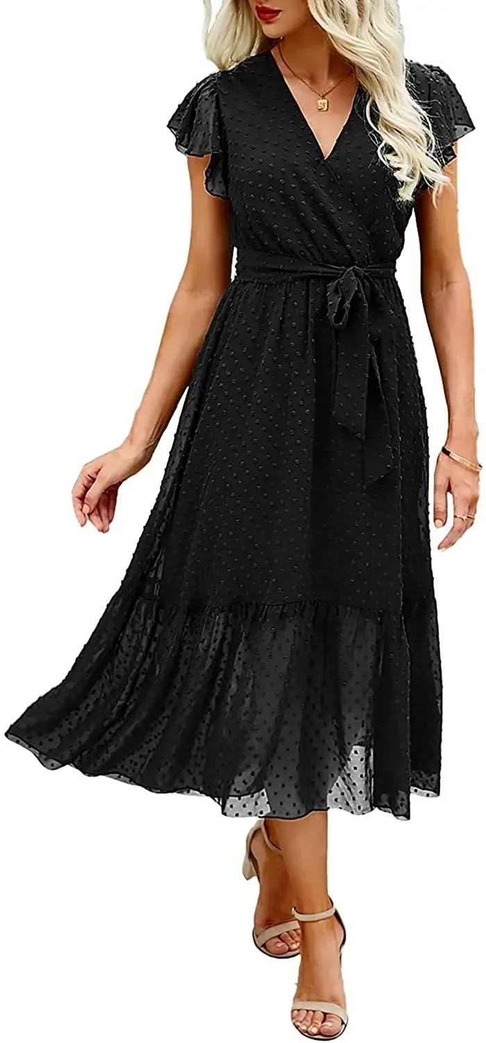 Women Summer Bohemian Floral Casual Wrap V Neck Ruffle Cap Sleeveless Belt A-Line Pleated Hem Swing Midi Sun Dress