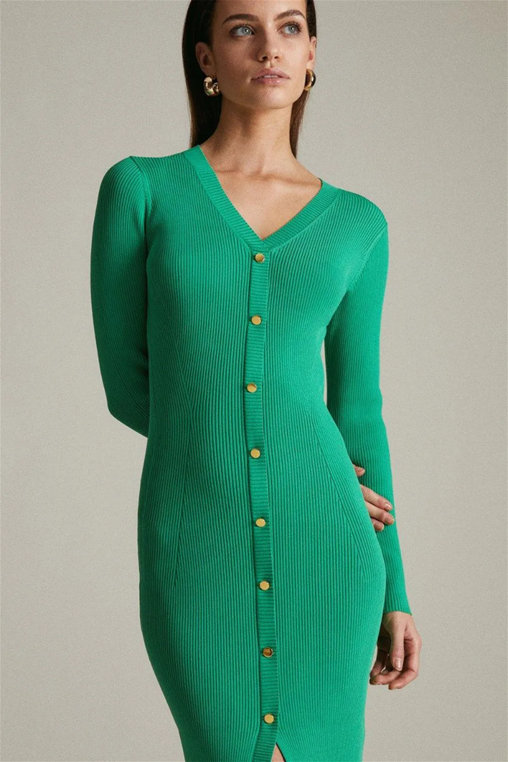 Petite Long Sleeve Knit Button Detail Dress