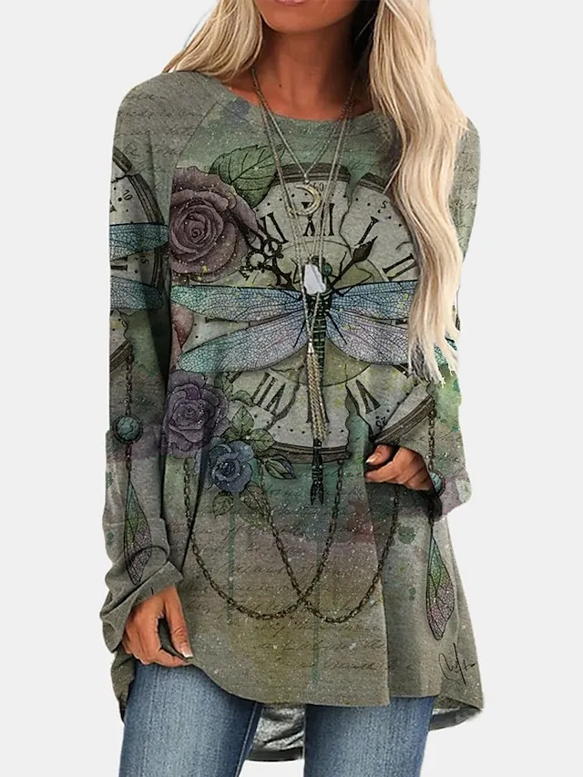 Women's T shirt Tee Burgundy Tee Tunic Shirts Marron Yellow Light Green Geometric Plaid Print Long Sleeve Casual Vintage Tunic Ethnic Round Neck Regular Fit Bohemian Theme Geometric Plus Size Fall