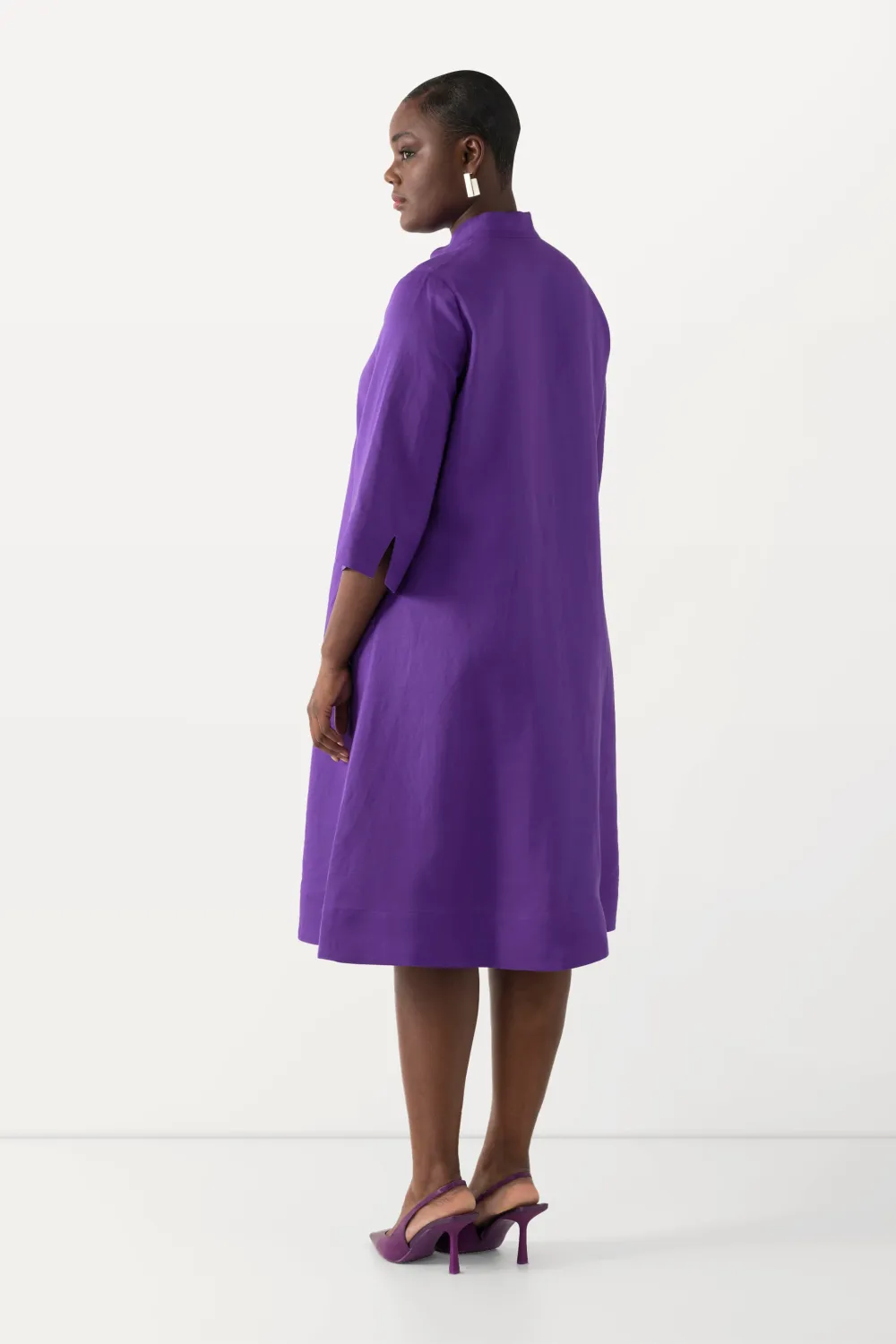 Midikleid, Leinenmix, A-Linie, V-Ausschnitt, 3/4-Arm