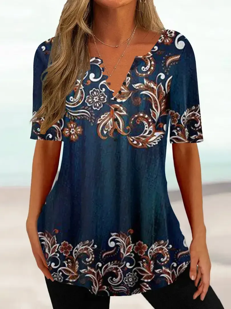 Women Half Sleeve V-neck Floral Printed Tops