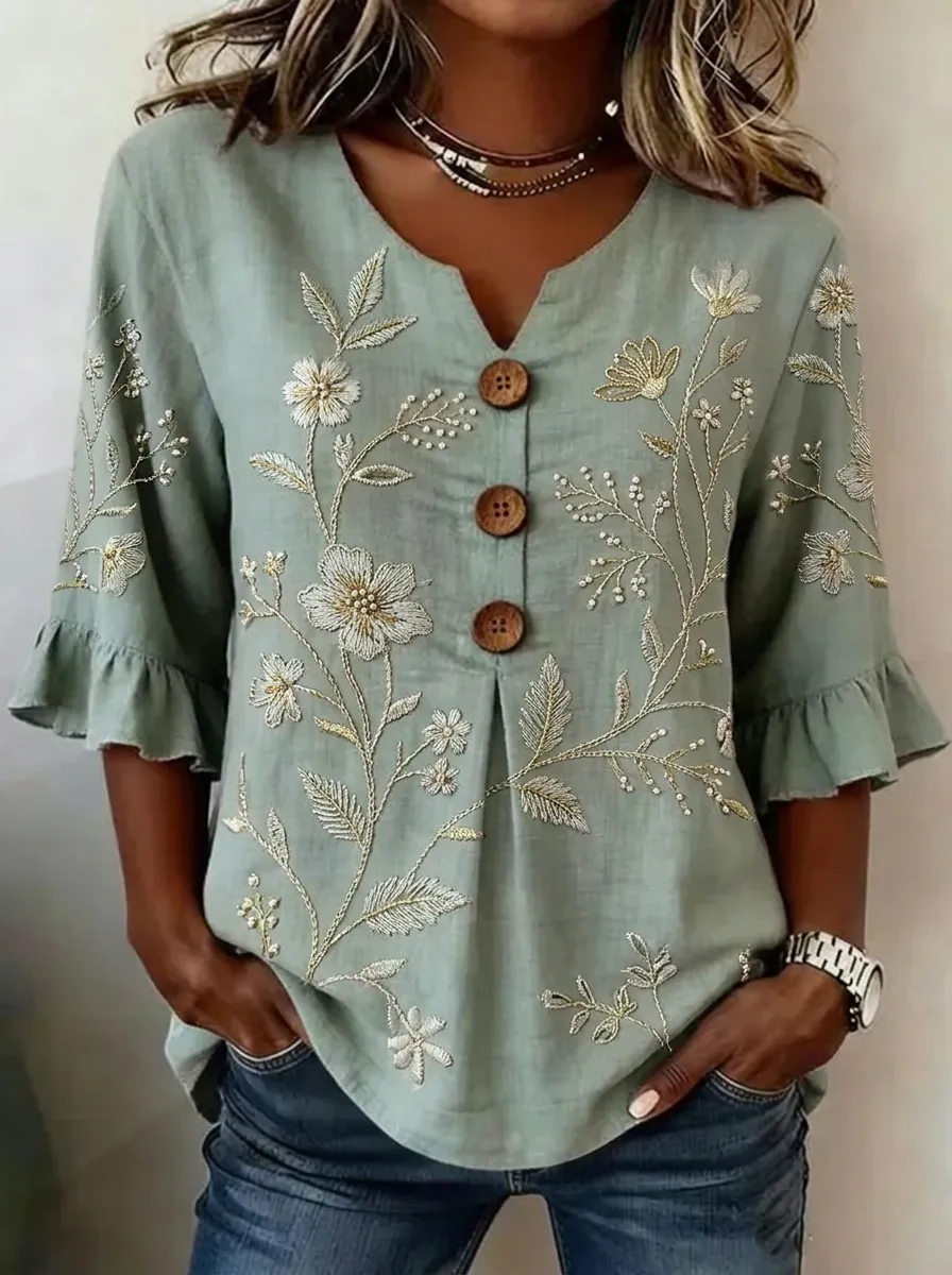 Women's Nashville Floral Embroidered Button-Down Ruffle Sleeve Top