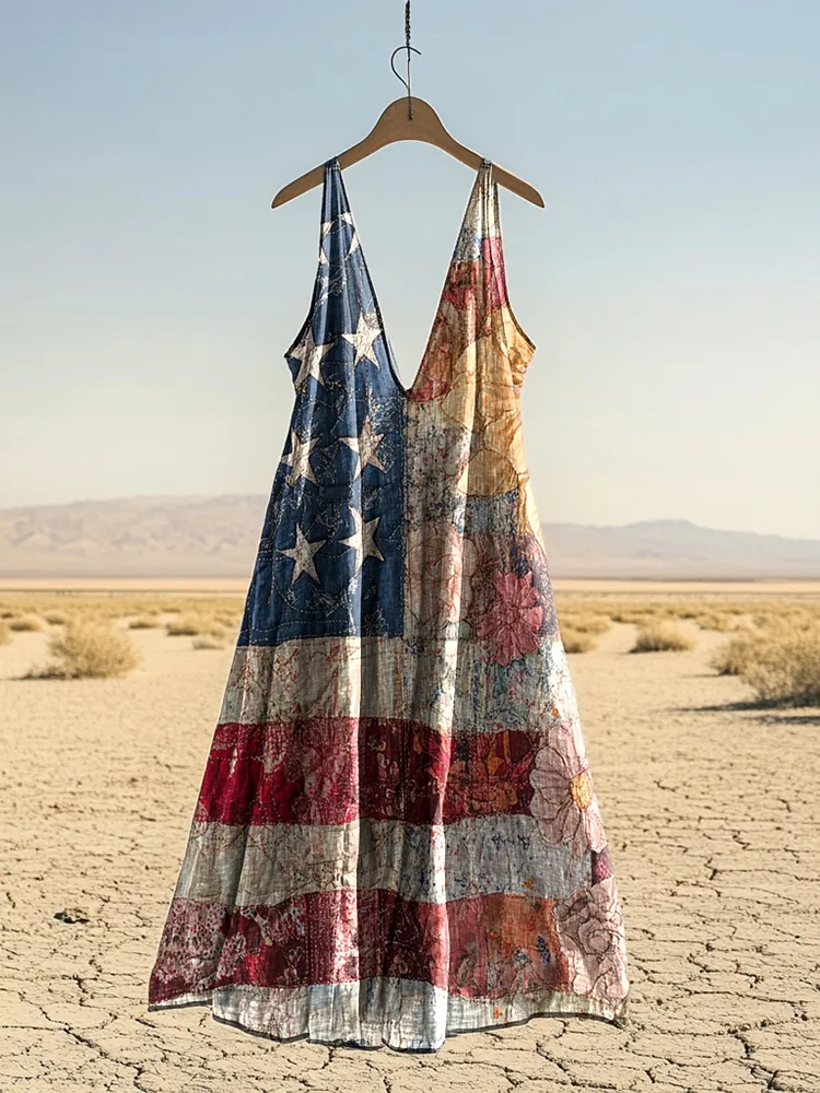 Women's Vintage Independence Day Flag Distressed Print Dress