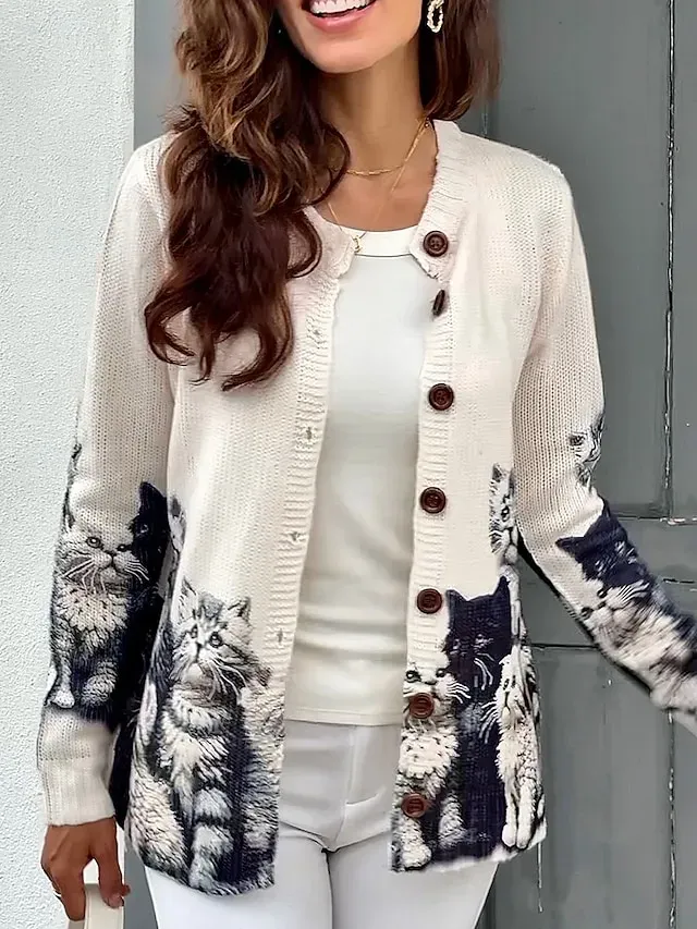 Women's Sweater Daily Graphic Crew Neck Print Long Sleeve Regular Tops Knit Weekend Pink Khaki Fall Winter