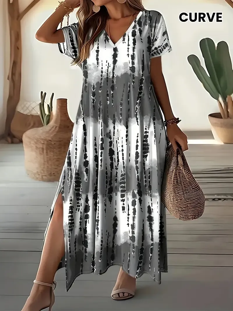 Plus Size Tie Dye Split Dress - Casual Short Sleeve V Neck Dress For Spring & Summer - Women's Plus Size Clothing - For Women Seeking Trendy & Comfortable Summer Outfits - Perfect Gift for Birthday & Vacation