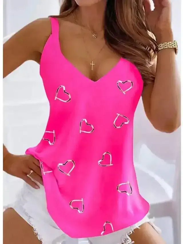 Women's Tank Top Black White Pink Heart Print Sleeveless Casual Weekend Basic V Neck Regular S