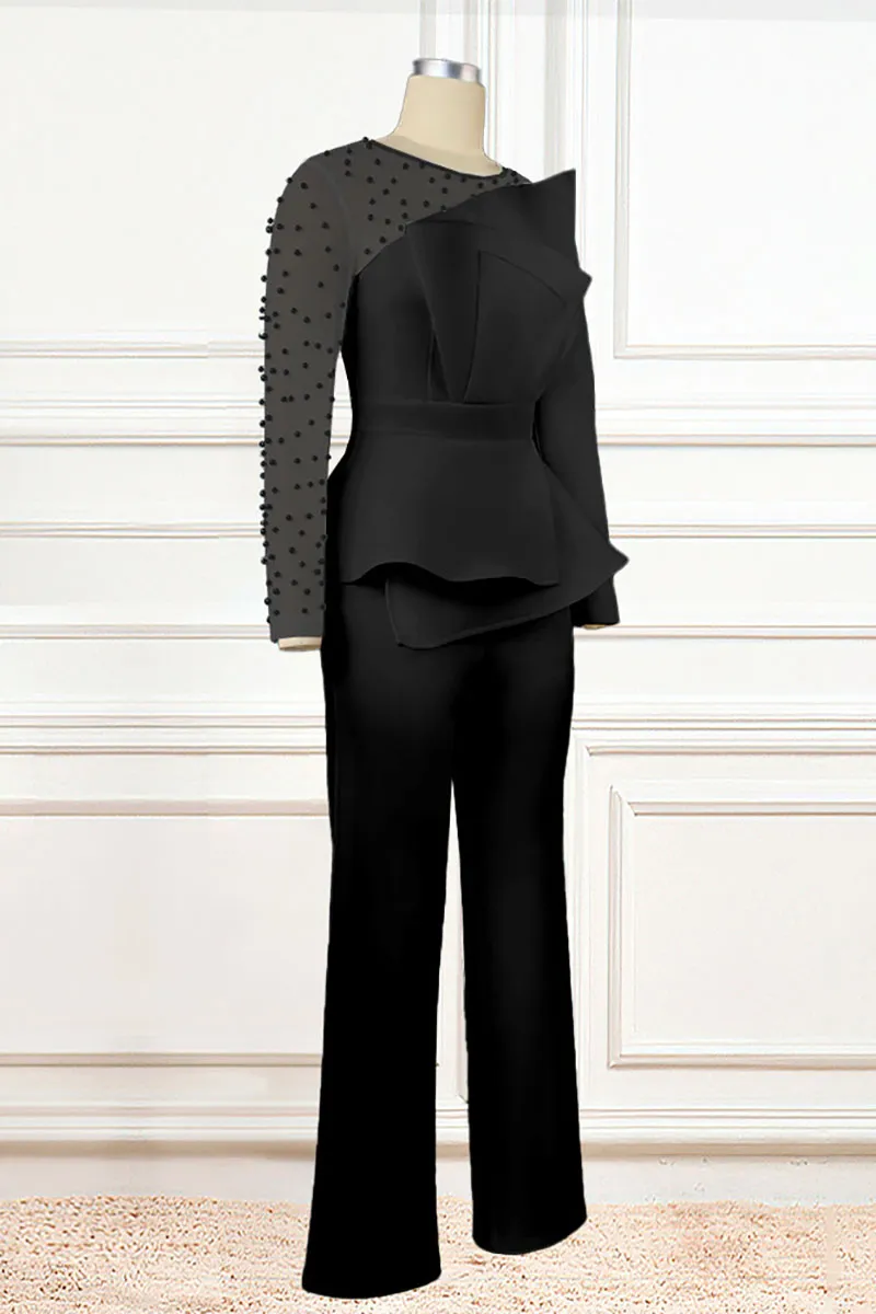 Mesh Patchwork Pearls Long Sleeve Asymmetric Trim Straight Leg Evening White Jumpsuit
