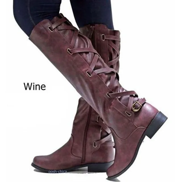 Women's Boots Biker boots Lace Up Boots Riding Boots Party Outdoor Knee High Boots Chunky Heel Fashion Classic Casual PU Solid Color dark brown claret Black