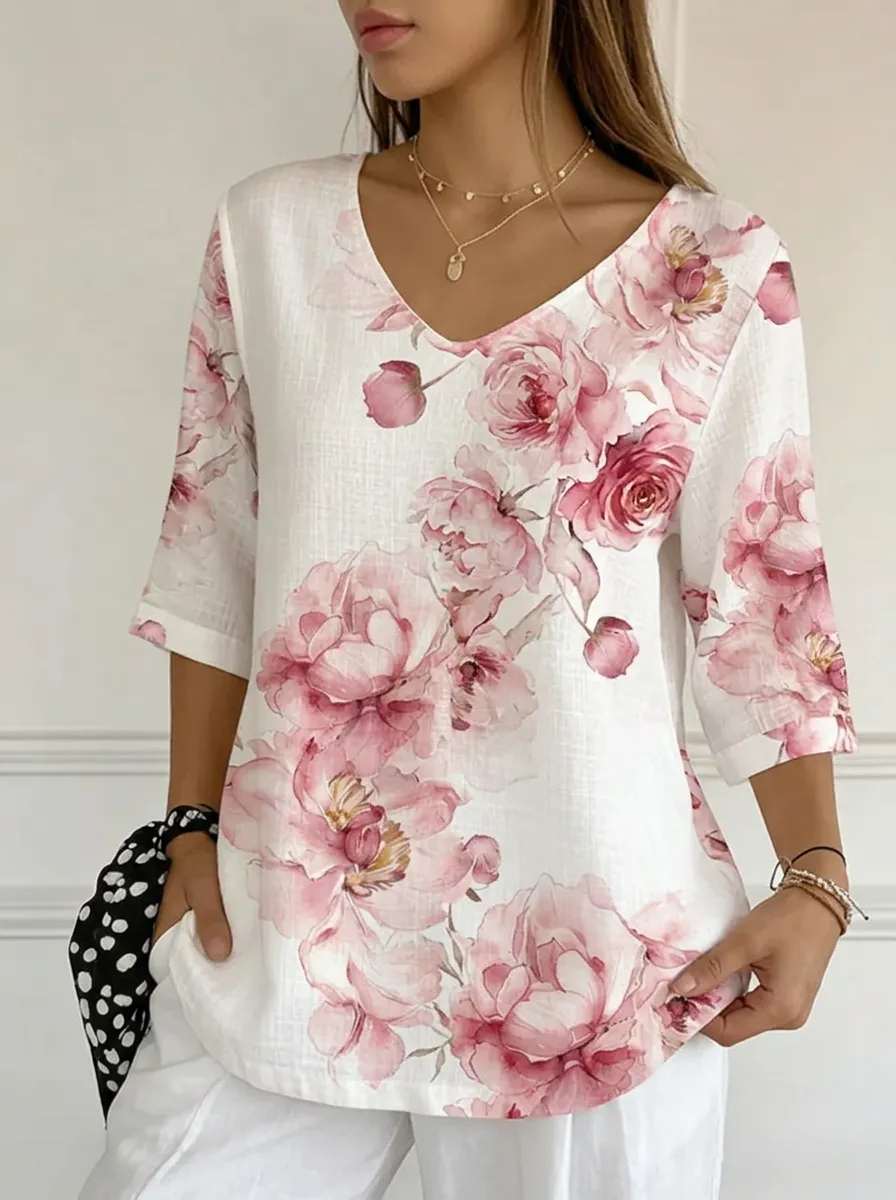 Women's Nashville Floral Pink Rose Printed V-neck Top